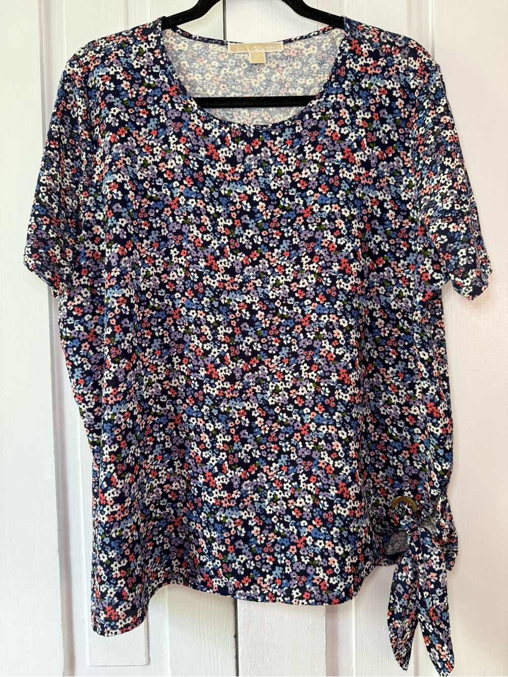 Michael Kors Navy Multicolor Floral Short Sleeve Tie-Hem Top - XL